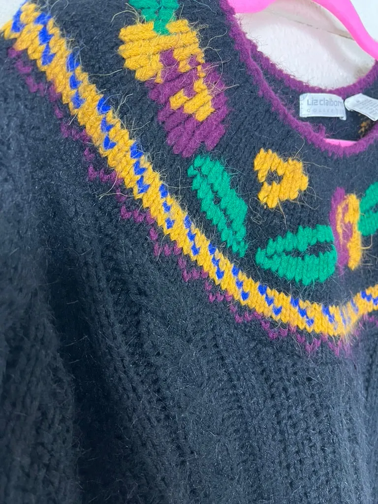 1990s LIZ CLAIBORNE BLACK CABLEKNIT SWEATER WITH FLORAL COLLAR - medium to xl