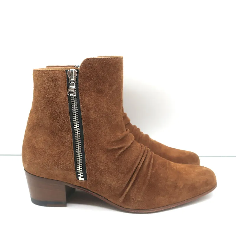 Amiri Ruched Ankle Boots Brown Suede Size 38.5 Side-Zip Booties