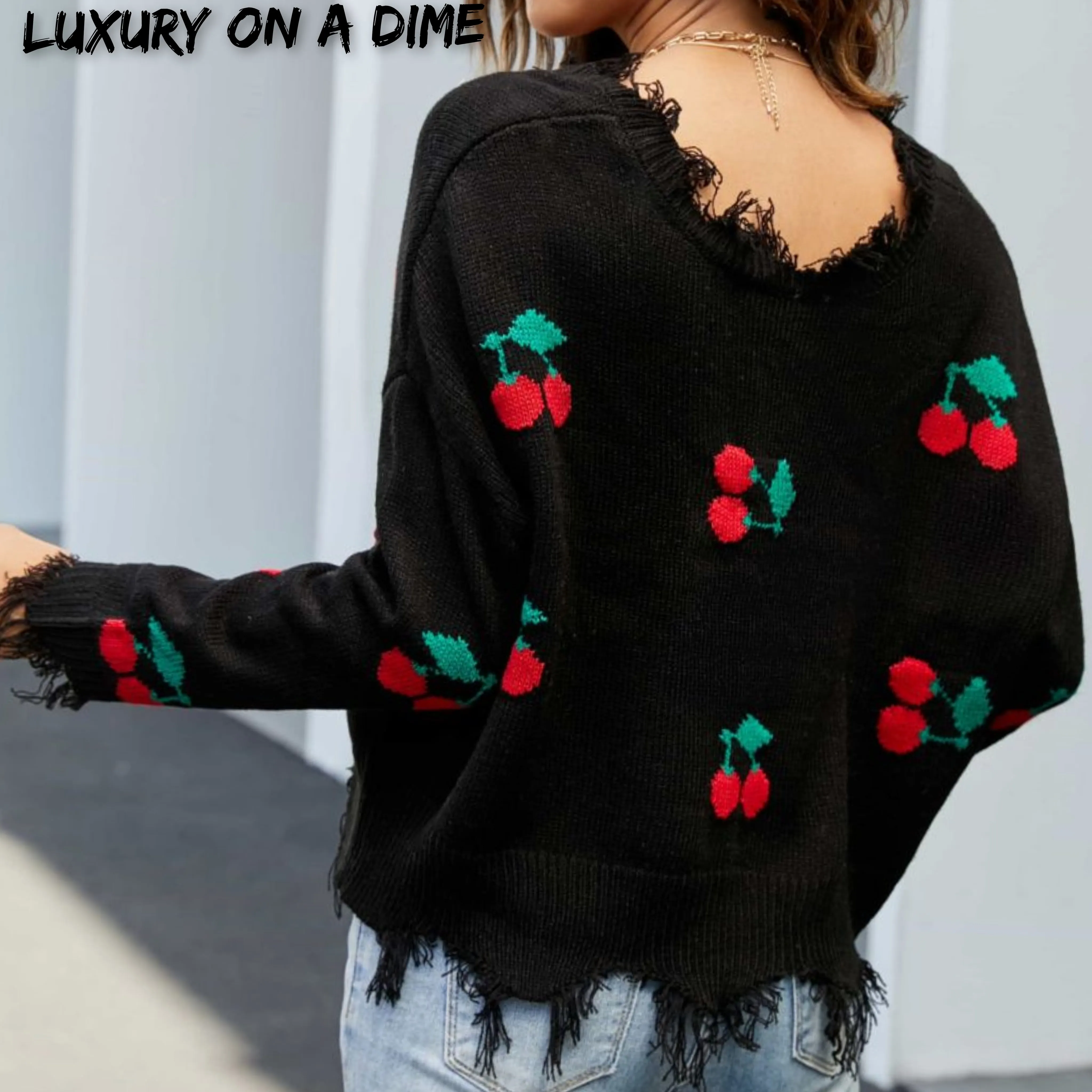 Cherry Crop Top Long Sleeve Raw Hem Knit Pullover Sweater (3 colors available)