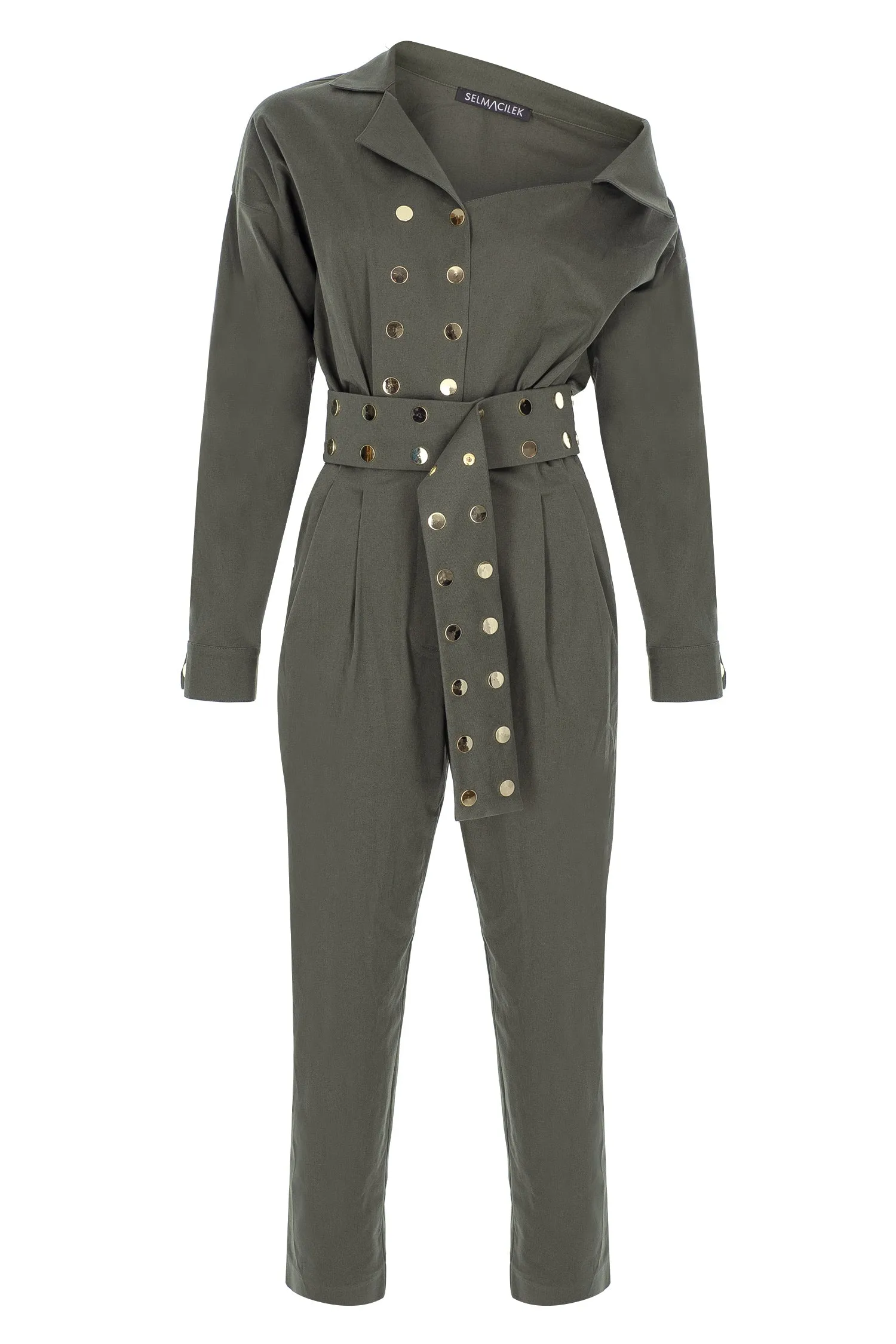 Khaki Asymmetric-Neck, Long-Sleeved, Belt-Detailed Canvas Jumpsuit