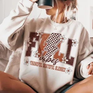 Online Exclusive | Thankful Grateful Blessed Fall Vibes Graphic Sweatshirt in Cream
