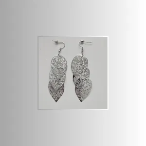 Three Leaf Silver Long Drop Earrings