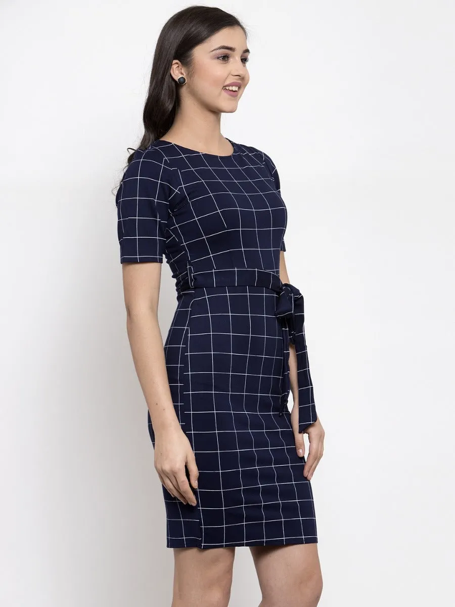 Women Checked Navy Blue Round Neck Bodycon Dress